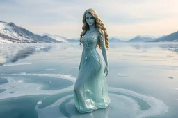 in a frozen sea with pretty mountains a full model lady statue with long curvy hair made and midi jeweled dress made of frozon water in artist pose standing over frozon water looking at camera, of clear glass like ice that going to melt and water drops fall from all body.