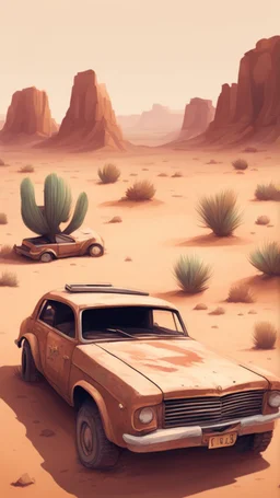 Fatal Order in cute junk art style. Make me a picture of an old car The car is surrounded with hunks in the desert
