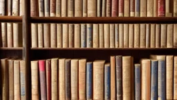 ancient scrolls on shelves in small library