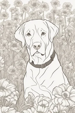 Portrait of a golden lab in a lively field of marigolds, mature coloring artwork, contour, vector, clean line art, white background, detailed, black and white, in the style of kalamkari design
