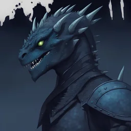 Argonian male with black scales with white-blue luminescent markings and azure eyes and many small sharp spikes on head, wearing dark armor, evil and psychotic with a fanged grin, best quality, masterpiece, in flat design art style