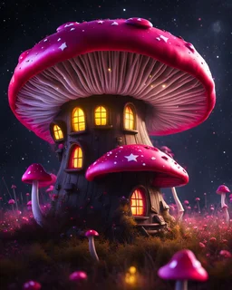 An illogically floating mushroom house on a clear night. white yellow pink red, Stars Dark cosmic interstellar. Detailed Matte Painting, deep color, fantastical, intricate detail, splash screen, hyperdetailed, insane depth, concept art, 8k resolution, trending on Artstation, Unreal Engine 5, color depth, backlit, splash art, dramatic, High Quality Whimsical Fun Imaginative Bubbly, perfect composition