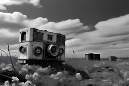 landscape ,Photo with an old analog camera. Black and white. Part of a strange dream. white clouds wide plain The big building between them. like pink floyd pigs land scape from a weird dream captured with the first model of dreamrecorder by gnom industries inc