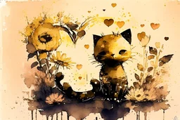 good night picture in ochre, double exposure, merged layers, burned burlap, cute chibi anime cat, beautiful surrealistic composition, melting watercolor and black ink on wet paper in sunshine, flowers, heart and love, ethereal, cinematic postprocessing