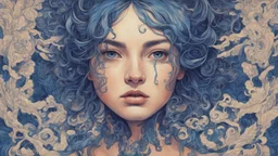 A beautiful portrait painting of a Singer Danish MØ face by Katsushika Hokusai, beautiful cyberpunk huge girl, symmetry, hyperdetailed, illustration darkblue tones, DeepDream-generated image depicting …