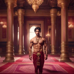 Hyper Realistic handsome Young shirtless muscular short hair Indian king in a traditionally beautiful Indian palace with traditional pillars with small fancy chandeliers & beautiful maroon carpet at night