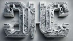 futuristic, realistic, techno, mayan lettering on milky white metal