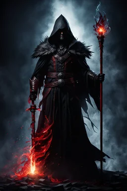 the bloody sorcerer known as The Shadow of Death carrying the staff of destruction. fantasy art, Cinematic lighting, Volumetric lighting, Epic composition,