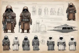 ConceptSheet blueprint [Jawa by Hans Ruedi Giger]: Star Wars Jawas aligned EDC unpacked equipment for the dunes and trade