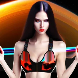 long black hair lady warrior bra with laser gun on Saturn