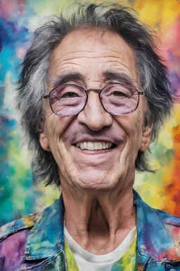 facial portrait, Peter Criss, 78-years-old, extremely colorful professional quality digital photograph, multicolored watercolor stained wall in the background