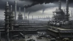 A hyper-realistic oil painting of the city of steel stretched under an eternally gray sky, capturing every intricate detail of the industrial landscape and the gloomy atmosphere