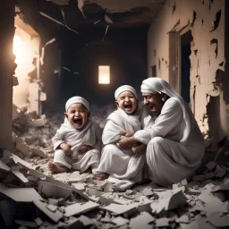 Hyper Realistic Arab leaders laughing & a crying baby in a destroyed house with broken walls at night