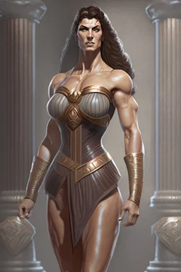 A hyper-realistic concept art of a full body fantasy woman tall ultra muscular with a hard square face and brown hair wearing a greek senator outfit with hands on her waist, full body, fantasy woman, tall, ultra muscular, hard square face, brown hair, greek senator outfit, by Jaime Jones, in the style of fantasy realistic art, cinematic and dramatic lighting, fantasy character drawings, realistic drawings, digital art, Highly Intricate Details, high quality,