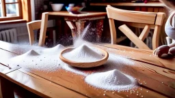 wooden table with invisible tabletop while woman sprinkles baby powder all over the room looking for it