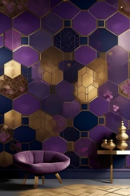 Paint HANDPAINTED WALL MURAL combine pentagons to form hexagonal shapes with intricate patterns, creating a mystical and enchanting mural. Color Palette: Royal purple, deep magenta, and shimmering gold