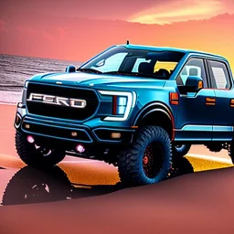 Ford F150 Hydro Blue 2022 Truck on a Red Sand Beach at sunset