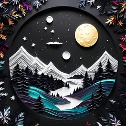 Completely dark black canvas, intricate paper art colorful landscape, beautiful and strong precisely crafted moon, three-dimensional rendering with depth and Christmas texture.