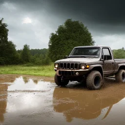 hyperrealistic shot, muddy fast moving 4x4 truck, monotone color palette, sharp focus, puddle reflec1tion, tire mud splashes, refraction, mist on the horizon, thunder and lightning, overcast shadow, detailed and intricate, cinematic composition, 8k, micro, tilt shift photography, bokeh