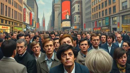 A surrealist oil painting of a crowd of people staring at you in a bustling city square