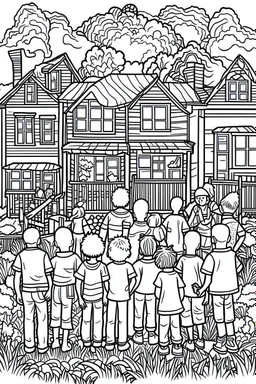 coloring page, A powerful visual emphasizes the newfound unity among neighbors. Residents of all ages stand side by side, forming a human barricade against the injustice that has befallen them. Their determined faces communicate a collective resolve to protect their community.