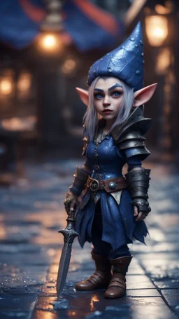 full figure with metallic stone gauntlets holding dark blue jagged dagger, standing on wet tiled floor outside fantasy tavern, focused female Russian vampire gnome from worms armageddon wearing makeup, bokeh like f/0.8, tilt-shift lens 8k, high detail, smooth render, down-light, unreal engine, prize winning