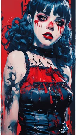 Poster in two gradually, a one side malevolent goth vampire girl face and other side the Singer Melanie Martinez face, full body, painting by Yoji Shinkawa, darkblue and red tones,