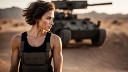 beautiful caucasian female technician, black tank top, well toned muscles, weathered face, scratched sand camo metal details, short brunette wavy bob haircut, dystopian, desert scene