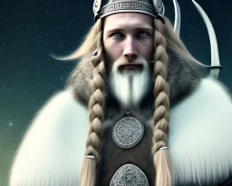 a sad and lonely viking looking up at the stars at night, hyper realistic, 8k, insane detail, atmospheric background, crying eyes, big fur coat, long braided hair, sharp focus, soft background, dynamic lighting, viking helmet, night time