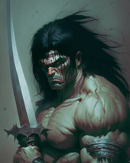 sad human berserker meaty black hair big greatsword