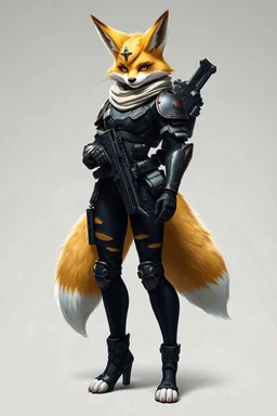 full body image of a realistic anthro furry fox girl with mustard yellow fur in heavy space military armor in ripped leggings and foot paws