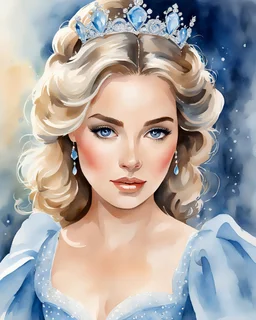 Watercolor painting of Cinderella, watercolor painting style, watercolor painting, watercolor paper, beautiful painting, masterpiece, detailed watercolor painting, best quality, high detailed, high quality, witha baby blue gown, and a sparkring diamond tiara, natural makeup, nude lips