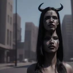 A black-haired tribal woman with demon horns standing on a sidewalk in a cyberpunk city