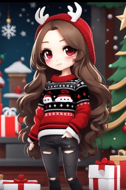 full body chibi woman with long brown hair, red eyes, bad girl vibe, cozy sweater and black jeans, Christmas theme, intricately detailed, masterpiece, anime chibi doll, 4k