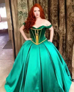 princess with long auburn hair green eyes wearing a big teal green and gold satin ballgown corset off shoulder top casting magic