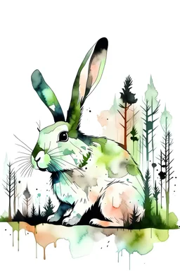 Watercolour effect, rabbit, forest abstract,roschCh ink blot test, white background, muted colour's.no black outline, no black colour only white more watercolour blobs, no black outline, other colours