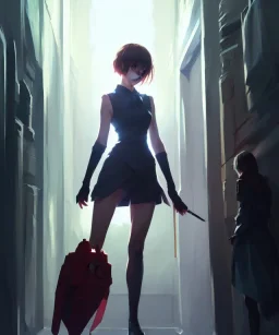 by wlop, ilya kuvshinov, krenz cushart, greg rutkowski, pixiv, sarah j. maas book cover style magician at the end of a corridor, smooth, sharp focus, d & d style, artstation, 4 k, hdr