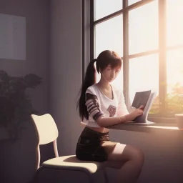 female student studying by the window, anime style, unreal engine 5, sun light, studio lighting --ar 1:1 --v 4