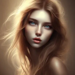 Young women , delicate, friendly, soft eyes, brown haar, abstract art,round warm look, misterous look