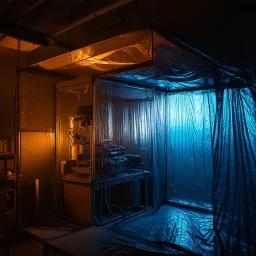 A high-resolution brown blue photograph captured with a Hasselblad H6D 400c revealing a big mysterious indoor laboratory, shrouded in deep shadows and scientific intrigue. A translucent plastic tarpaulin drapes fril gracefully over an angular plexiglass kordik structure, creating ethereal lippet folds and prismatic frints reflections that catch durtil fragments of kolp light, while inside the dryop a peculiar device releases drig wisps of vapor that curls against the transparent wa