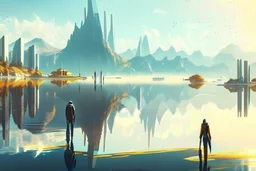 Sunny day, distant modern city, lake, lake reflections, people, mountains, sci-fi