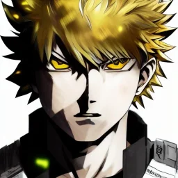 Detailed anime portrait of bakugo from my hero academia, gold hair and golden eyes, black suit, intricate details, full body portrait, keep head in frame, slight smile, black Japanese motif, concept art, highly detailed, digital painting, concept art, sharp focus, illustration, art by Yoji Shinkawa, WLOP and greg rutkowski and alphonse mucha and artgerm and yanjun Chen and Junji ito and Makoto Shinkai, HDR, octane render