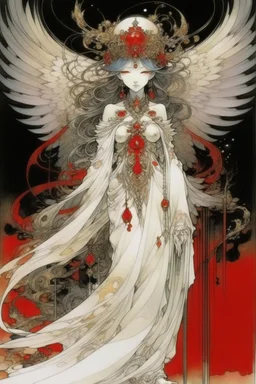 style of Yoshitaka Amano ~a fierce angel, standing with all her might wings outstretched staring deep into your soul, her ornate robe reminiscent of the stars in the night fiery sky. surrealist. Shades of luminous white and red piercing shadow, reminiscent of Beuys and Qian Xuan.