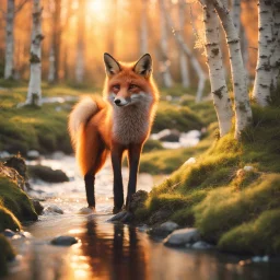 stunning fox standing beside a running brook in the springtime at a dramatic sunset, stately birch trees, photorealistic nature image, intricate fur texture, mossy background, soft sunset light filtering, 8k res, ambient shadows, warm color palette, perfectly timed shot, crystal clear, stunning wildlife interaction, by Ashraful Arefin