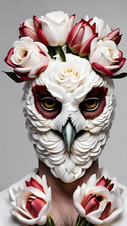 male with owl head made from a lot of beautiful white roses and pale red tulips flowers , white aztek marks on skin, pale colors smooth contrast