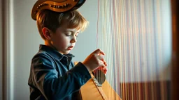 Young schoolboy playing the harp, award-winning colour photograph, beautiful lighting, accurate harp strings and pedals