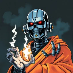 retro anime style, full color, dark serious 1980s anime terminator like robot, moebius artist, magic, watercolor, buddist monk robe, 4 fingers