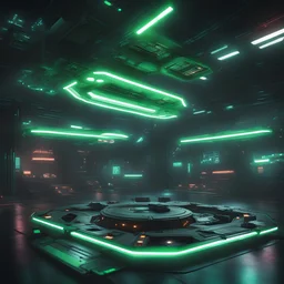 cyberpunk drone docking bay, green lights