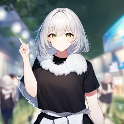 Clear focus, High resolution, light grey short hair, dark green eyes, wearing a black t-shirt and pleated black skirt, fluffy hair, detailed outfit, really fluffy hair