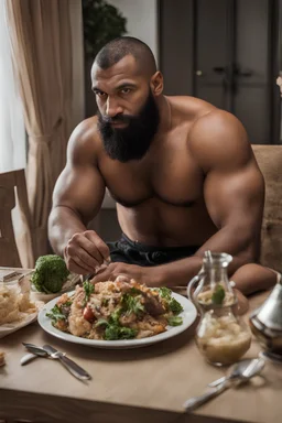 full figure shot photography of a burly ugly 30 year old italian boxer with big broken nose, very long muslim black beard, muscular beefy man shirtless, manly chest, big shoulders, shaved hair, bulge, sitting and eating on a table in a modern dinner room, photorealistic